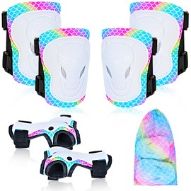 Knee Pads for Kids Elbow Pads Wrist Guards with Drawstring Mesh Bag, 7 in 1 Protective Gear Set for Girls Boys for Skating Cycling Rollerblading Scooter, 3-8 Years (Rainbow Mermaid)