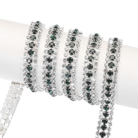 MECCANIXITY 2 Yard 9mm 3 Rows Crystal Rhinestone Diamond Close Chain Trim Trimming Claw Cup Chain for Sewing, Crafts, DIY Jewelry Wedding Decorations Silver Dark Green White