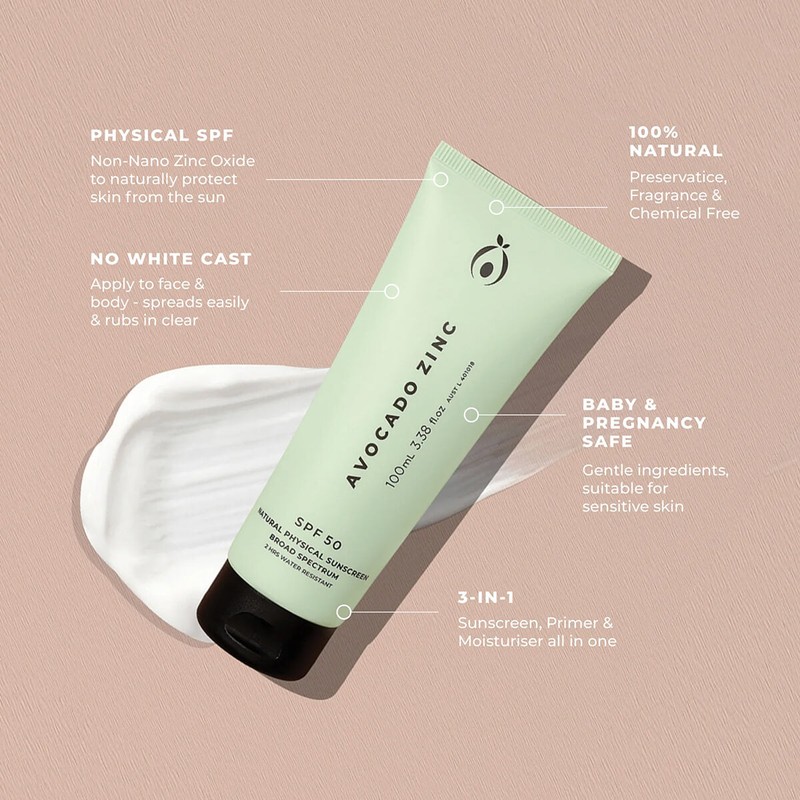Avocado Zinc SPF50 Natural Physical Sunscreen, 100ml
