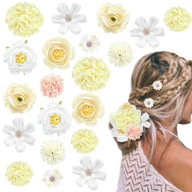 20 Pcs Hair Flowers Boho Floral Hair Clips Silk Flower Handmade Barrettes Hawaiian Rose Accessories Bride Headpiecefor Women Girls Beach Party Wedding Graduation White Yellow