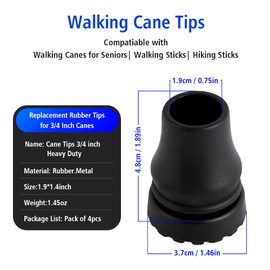 Abnaok 4-Pack Rubber Cane Tips 3/4 Inch Heavy Duty Walking Cane Tips, Black Sturdy Replacement Cane Tip for Seniors Walking Stick, Safety Cane Crutch Accessories
