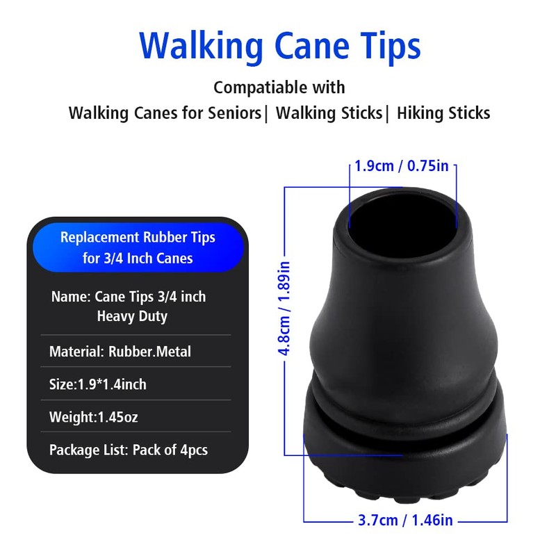 Abnaok 4-Pack Rubber Cane Tips 3/4 Inch Heavy Duty Walking