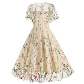 Summer Floral Embroidery Dress for Women Flutter Sleeve Flower Embroidered Tulle Prom Dress Mesh Sheer Illusion Sweetheart Formal Evening Dress Vintage Cocktail Party Dress Apricot-Ruffle Sleeve M