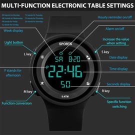 MADGININE Digital Watch Women, Black Mens Digital Watches, Waterproof Ladies Digital Watch for Women with LED Backlight/Alarm/Timer/Date for Men Woman Kids Student Swimming Running Outdoors