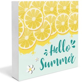 Summer Lemon Decor - Lemonade Decorations Hello Summer Wooden Decorative Sign Home Kitchen Decor for Desk Table Shelf 5 x 5 Inches