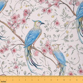 Tela de tapicería de pájaros silvestres por The Yard Pink Flowers Rustic Nature DIY Tela por The Yard Blue Bird Wild Animals Tela decorativa para tapicería y detalles del hogar, 1 yarda