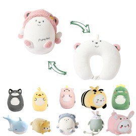 stocaggio Kids Travel Pillow - 2-in-1 Deformable Kids Neck Pillow for Traveling, Soft U-Shaped Pillow with Adorable Animal Design, Comfy Sleep and Play, Ideal for Airplanes and Cars - Pink Bear