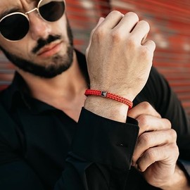 GT collection Men's Energy Bracelet with Red Pyramid Stainless Steel Bead, Adjustable Zircon Bracelet for Men