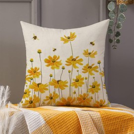 AACORS Spring Pillow Cover 18X18 Inch Daisy Bee Decorations Farmhouse Seasonal Summer Pillow Case Decor for Sofa Couch （Yellow）
