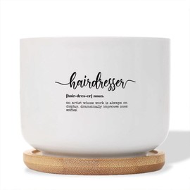 DecStic Hairdresser Definition Planter Ceramic Family Phrase Round Flower Pots with Drainage Holes and Bamboo Tray Pot for Home Office Decoration