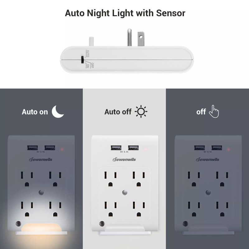 DEWENWILS 4-Outlet Wall Outlet Adapter with 2 USB and Light
