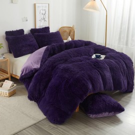XeGe Cozy Plush Shaggy Duvet Cover, 1PC Faux Fur Fuzzy Comforter Cover, Luxury Soft Fluffy Furry Quilt Cover, Solid Color Bedding for Girls Women Bedroom, Zipper Closure (King Size, Purple)
