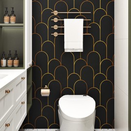 Skyblur 17.5"x315" Luxury Wallpaper Peel and Stick Modern Contact Paper for Cabinets and Drawers Black and Gold Yellow Geometric Removable Wall Paper for Bedroom Bathroom Renter Friendly