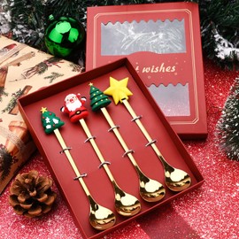 4 Pieces Stainless Steel Christmas Spoon,Christmas Coffee Spoon Christmas Tree Santa Christmas Star Tea Spoon Christmas Style Coffee Tea Dessert Drink Mixing Spoon for Christmas Tableware (Gold)