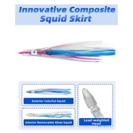 BLUEWING Weighted Trolling Squid Skirts Fishing Saltwater with Lead Head 12 Inch Double Skirted Octopus Lures, 10oz