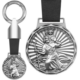 Anwlki Saint Christopher Plaques Leather Keyring Saint Christopher Medal Protect Us Come Good Home Car Motorcycle Drivers Patron Saint Pendant, Old silver