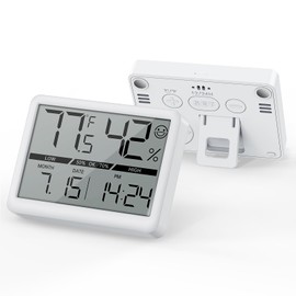 Deeyaple Small Digital Clock, New Upgrade Battery Powered Magnetic Clock Humidity Meter Thermometer High Accuracy Temp(℉/℃) Date 12/24H Display LCD Large Number Indoor Outdoor Travel White