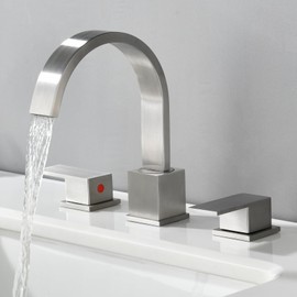 NOHALIPY Widespread 8 Inch Brushed Nickel Bathroom Sink Faucet, Waterfall Nickel Stainless Steel Bathroom Faucet for Sink 3 Hole, Vanity Lavatory Sink Faucets with Drain & Water Hoses