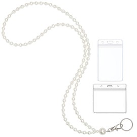 Blynkell White Pearl Lanyard for ID Badges Name Tag and Keys for Women Light Weight Acrylic Faux Pearls Sweet Teacher Lanyards Holder 25in
