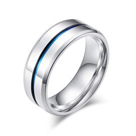 AHLOE JEWELRY CEJUG Titanium Rings for Men Wedding Bands Stainless Steel Engagement Ring High Polish Blue Line Groove Size 12