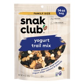 Snak Club Yogurt Trail Mix with Raisins, Peanuts, Dried Dates, Yogurt Chips, Cashews, and Almonds, Gluten-Free and Kosher Snack, 14 oz Resealable Bag