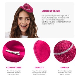 MINI SPARKLING COWGIRL HAT - FASCINATOR STYLE MINIATURE PINK COWBOY HATS - PERFECT FOR HEN PARTIES AND FANCY DRESS COSTUME - PACK OF 6