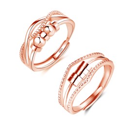 Josfeva Silver 925 Anxiety Rings, 2 Pieces 925 Sterling Silver Anti-Stress Rings Set, Open Adjustable Anxiety Ring, Spinner Fidget Partner Rings with Beads, Unisex Decompression Rings for Anxiety
