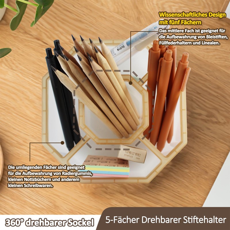 IOO6Z8SY 5 Compartments Rotating Pen Holder - 360° Design, PP