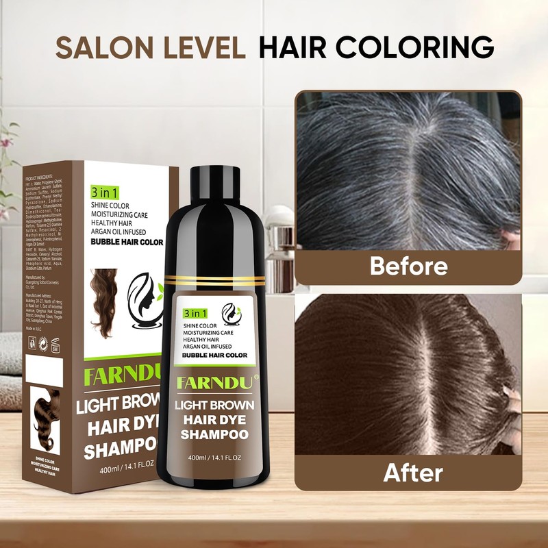 Farndu Light Brown Hair Dye Shampoo for Women Men, Instant