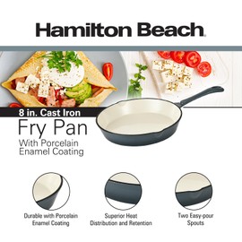 Hamilton Beach Enameled Cast Iron Fry Pan 8-Inch Slate, Cream Enamel Coating, Skillet Pan For Stove top and Oven, Even Heat Distribution, Durable
