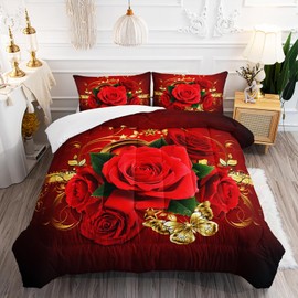 AILONEN Red Rose Comforter Set Queen Size, Romantic Love Floral Theme Bedding Set,Red Flower Couple Lover Comforter 3 Pieces Bed in a Bag, 1 Quilt and 2 Pillowcases