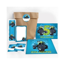 JuNa-Experten 14 Einladungskarten 5. Kindergeburtstag fünfte Geburtstag Junge Monster-Truck incl. 14 Umschläge, 14 Geschenktüten, 14 Aufkleber, 14 Lesezeichen, 14 Blöcke Mitgebsel Gastgeschenke