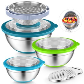 P&P CHEF Mixing Bowls with Lids Set of 3, 3 Pcs Stainless Steel Nesting Salad Bowls and Colander for Kitchen, 3 Grater Attachments & Non-Slip Bottoms, Visible & Airtight Lid, Multicolor