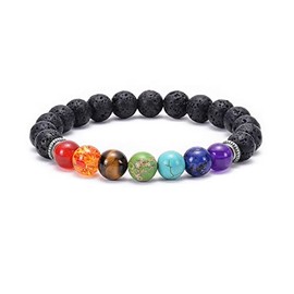 FORUBUS Lava Rock 7 Chakra Strand Bracelet - 8mm Natural Volcanic Stone Chakra Beaded Stretch Bracelet, Men Women Stress Relief Yoga Meditation Aromatherapy Essential Oil Diffuser Jewelry (silver)