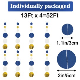 GCQQ 52Ft Blue Gold Circle Garlands Royal Blue Paper Polka Dot Streamer Garland Glitter Circle Dots Hanging Garland for Ramadan Graduations Nautical Ahoy Achor Pirate Party Decoration