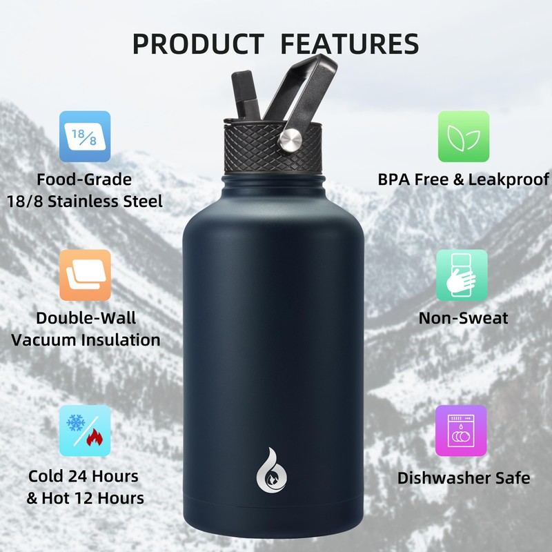 BJPKPK Half Gallon Insulated Water Bottles with Straw Lid, 64oz