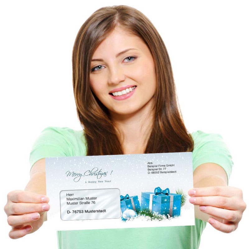 Paper-Media Christmas Envelopes with Window Blue Christmas Gifts DIN Long