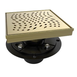 WEBANG 6 Inch Square Shower Drain Gold Floor Drain with Flange Wave-Hole Pattern Cover Grate Removable SUS304 Stainless Steel Watermark&CUPC Certified Brushed Gold