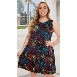Maternity Dress for Women Plus Size Beach Flowy Casual Swing Loose Tank Sun Dresses with Pockets Cover-up (Black Colorful Printing,3XL)