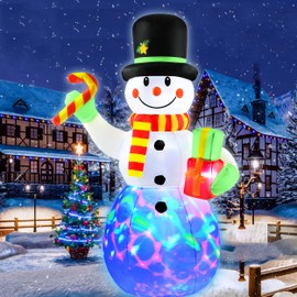 7 FT Christmas Inflatables Snowman Outdoor Decorations with Candy Cane Gift Box, Blow up Snowman Yard Decor Bright Colorful Rotating LED, Weatherproof Holiday for Garden Patio Lawn Party Xmas Gifts