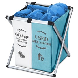 Wonderjune Foldable Disposable Shoe Cover Box Dispenser Fabric Storage Bin Holder with Used Shoe Covers and Welcome Please or Remove Sign for Open House Supplies (Beige, Light Blue)