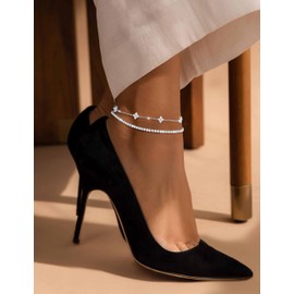 RLMOON Gold Anklets for Women CZ Ankle Bracelet 14K Gold Plated Waterproof Dainty Layered Tennis Heart Dot Chain Silver Anklet Trendy Foot Jewelry (Silver Flower & Tennis Chain)