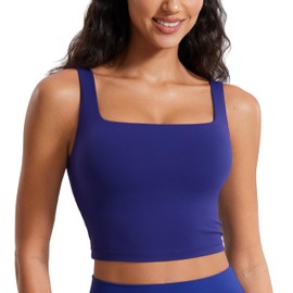 CRZ YOGA Butterluxe Womens Square Neck Longline Sports Bra - Workout Crop Tank Tops Padded Yoga Camisole with Built in Pads Larkspur Blue X-Small