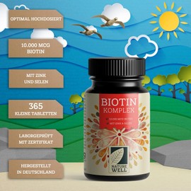 Biotin High Dose 10,000 mcg - 365 x Biotin Tablets as Complex with Zinc & Selenium - Vital Substances for Hair Growth, Skin & Nails - Laboratory Tested with Certificate - 100% Vegan - Storage Pack for