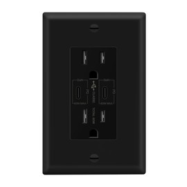 LIDER USB-C PD 60W Wall Outlet, Duplex Tamper-Resistant Receptacle with 2 USB Type-C Charging Ports, Power Delivery, GaN Technology, Interchangeable Face Cover, UL Listed, Wall Plate Included, Black
