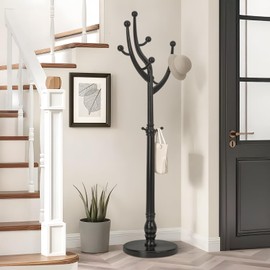 RêveLife Wood Coat Rack Coat Tree Freestanding with Hooks, Heavy Duty Standing Coat Rack with Solid Round Base, 74” Tree Shaped Coat Hanger Stand for Clothes, Hat, Jacket, Entryway Bedroom, Balck