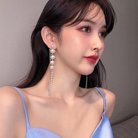 Dangly Pearl Necklace Tassel Drop Earrings Long Diamond Chain Earrings for Women Girls, Cubic Zirconia, Cubic Zirconia