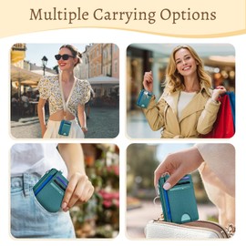 Kelvoris Teal Blue Credit Card Holder Small Wallet Women, Minimalist Slim RFID Blocking Wallet Woman Keychain with Zipper Coin Pocket, Front Pocket Thin Travel Card Case with ID Window Ladies Gifts