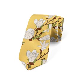 Ambesonne Floral Necktie, Retro Magnolia Tree Branch Flourishing Fragrance Blossoms Pattern Print, 3.7", Mustard Brown and Green