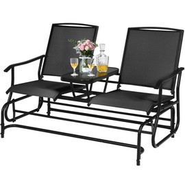 ReunionG 2-Person Outdoor Glider Chair, Patio Glider Bench Loveseat w/Tempered Glass Center Table & Sturdy Metal Frame, Black